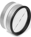 Close-up of round metal inline backdraft damper with black rubber seal and white gasket
