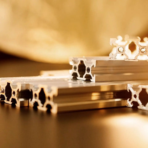 Close-up of 20x20mm aluminum T-slot extrusions, showcasing structural design for 4 Pack Aluminum End Caps Fit For CNC Robotics