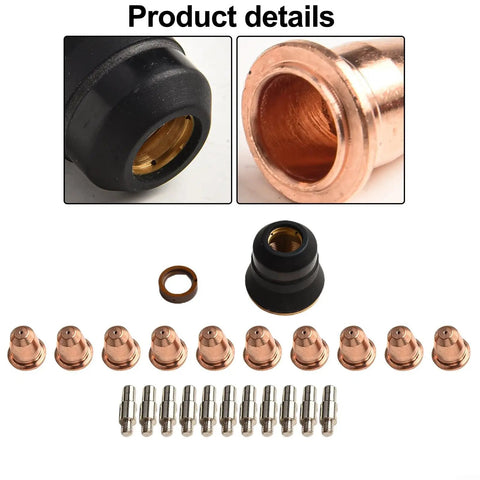 Premium Plasma Cutter Consumables Kit With Replacement Electrodes And Nozzles For S45 Cut55 Pt40 Pt60 Torch Parts showing nozzles and electrodes.