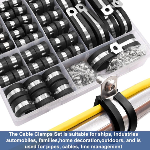 Taiss 222-piece cable clamps kit with 304 stainless steel rubber-cushioned clamps in 10 sizes, in plastic organizer.