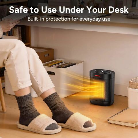 Ceramic Personal Space Heater For Office Desk And RV, Fast 3 Second Ceramic Instant Heat under desk with cozy feet shown