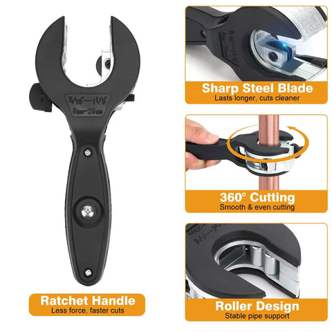 Ratchet Pipe Cutter Tool For Tight Spaces, A Real Workhorse For 5/16 To 1-1/8 Inch Copper, Aluminum, Brass, PVC, PEX And More