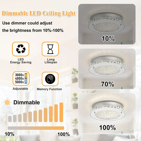 Crystal Ceiling Light Fixture LED Dimmable 11 Inch Flush Mount With 3 Color Temperatures 3000K 4000K 5000K set at different brightness