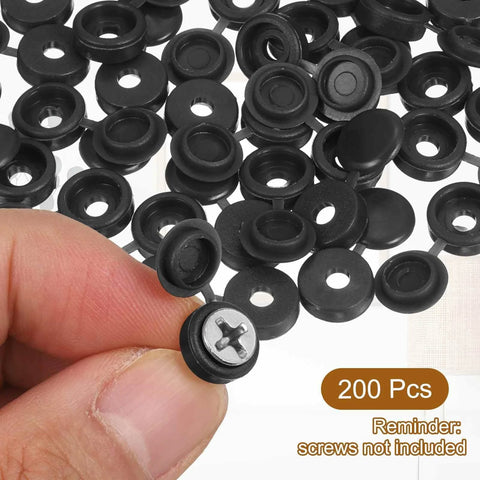 Hand holding Plastic Hinged Screw Cover Caps 3.1 Millimeter Inner Diameter 0.12 Inch Shutter Caps, 200-pack in black