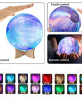 Colorful galaxy-themed lamp with remote and touch control options displayed in various lighting modes.