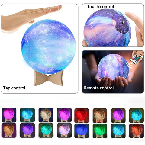 Colorful galaxy-themed lamp with remote and touch control options displayed in various lighting modes.