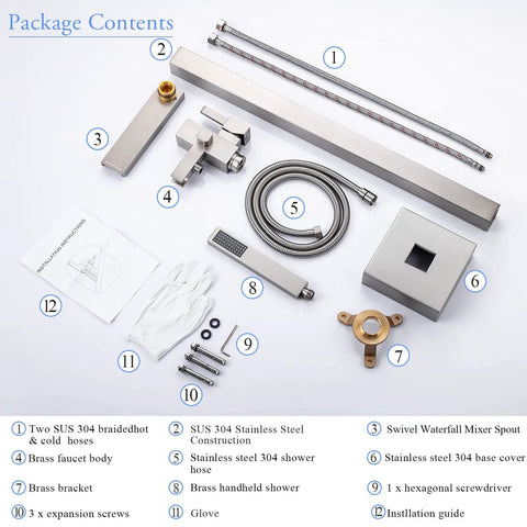 Freestanding Bathtub Faucet Floor Standing Waterfall Filler Brass One-Handle Bath Faucet With Hand Shower Brushed Nickel Finish package contents including hoses, handheld shower, and installation guide.