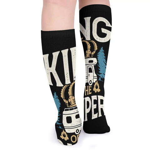 Five Pack Fatigue Relief Compression Stockings Mid Calf Socks For Leg Circulation Support Ideal For Medical Staff Teachers Office Workers Travelers And Anyone Sitting Or Standing Long Hours All Day Wear, design featuring camper and trees, side view