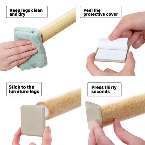 Hella Smooth Self Adhesive Furniture Sliders 16 Piece Set showing installation steps for easy use on heavy desk legs.