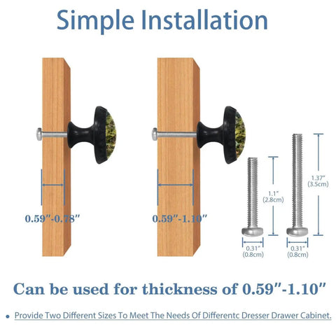Installation diagram for Four Pack Black Map Block Cabinet Pulls For Cabinets, Drawers, with two screw sizes and dimensions