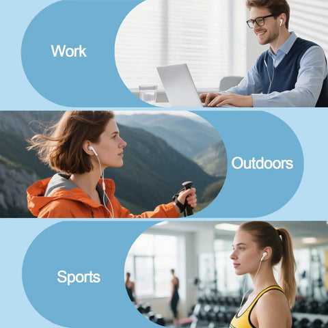 Two Pack USB C Earbuds With Mic And Remote, Noise Cancelling Type C Headphones shown in work, outdoor, and sports settings