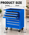 Gangster Tough Rolling Tool Chest With Seven Drawers Lockable Metal Tool Cart For Garage Setup, dimensions shown, blue paint.