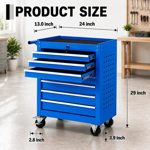 Gangster Tough Rolling Tool Chest With Seven Drawers Lockable Metal Tool Cart For Garage Setup, dimensions shown, blue paint.