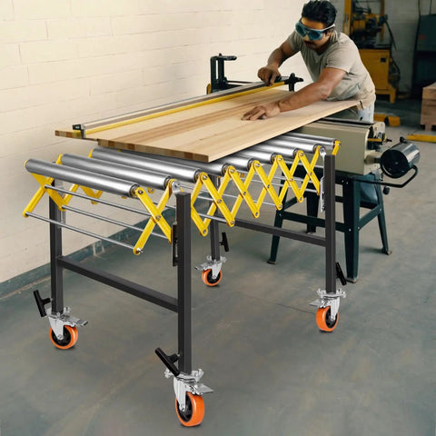 Heavy Duty 1000 Lbs Adjustable Roller Conveyor Table 25 Inches Wide With Stainless Steel Rollers Height 30 To 50 Inches Expandable Flexible System in use with wood processing.