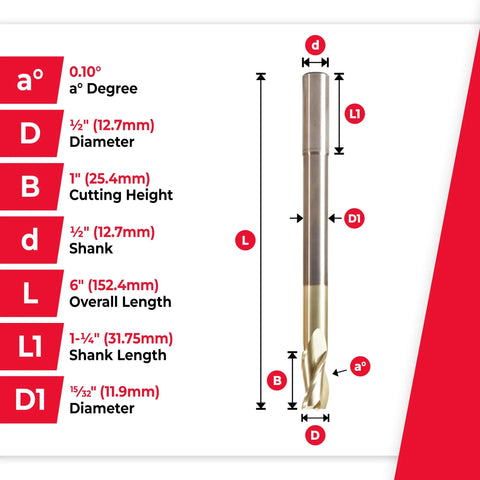 Extra Long CNC Router Bit For 2D And 3D Carving Flat Bottom 0.10 Degree Straight Bit ZrN Coated Half Inch Diameter Six Inch Length
