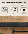 Image of The Real Deal Smart Plug Power Strip With Six Individually Switched Outlets And Three USB Ports offering 30W fast charge features.