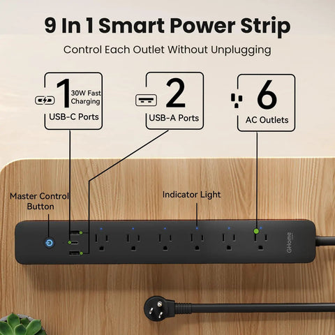 Image of The Real Deal Smart Plug Power Strip With Six Individually Switched Outlets And Three USB Ports offering 30W fast charge features.