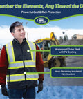 Reversible Insulated Safety Vest With X Back Reflective Tape in black, model standing outdoors, highlighting heat-retaining construction.
