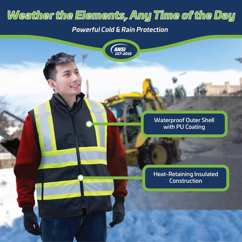 Reversible Insulated Safety Vest With X Back Reflective Tape in black, model standing outdoors, highlighting heat-retaining construction.