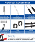 Image showing practical accessories of Bike Brake Cable And Shift Derailleur Cable Kit With Housing For Front And Rear Bikes Includes 2 Meter Cable Housing 4mm Inner Cables End Caps And O Rings For Quick Repair DIY Ready, highlighting cable end crimp, O ring, shift & brake cable housing caps, brass cable end cap, C-clip, and S-hook