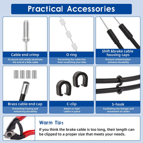 Image showing practical accessories of Bike Brake Cable And Shift Derailleur Cable Kit With Housing For Front And Rear Bikes Includes 2 Meter Cable Housing 4mm Inner Cables End Caps And O Rings For Quick Repair DIY Ready, highlighting cable end crimp, O ring, shift & brake cable housing caps, brass cable end cap, C-clip, and S-hook