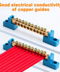 Grounding Bus Bar 10 Positions Brass Wire Screw Terminal Block For Marine Industrial Gear And Distribution Cabinets Pack Of Four With M4 Screws Included showing two mounted views with red wires.