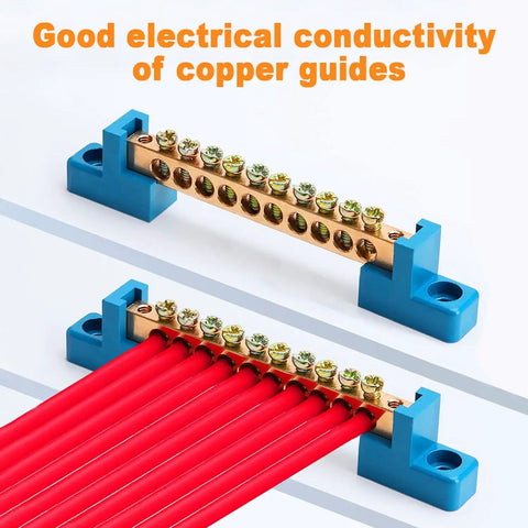 Grounding Bus Bar 10 Positions Brass Wire Screw Terminal Block For Marine Industrial Gear And Distribution Cabinets Pack Of Four With M4 Screws Included showing two mounted views with red wires.
