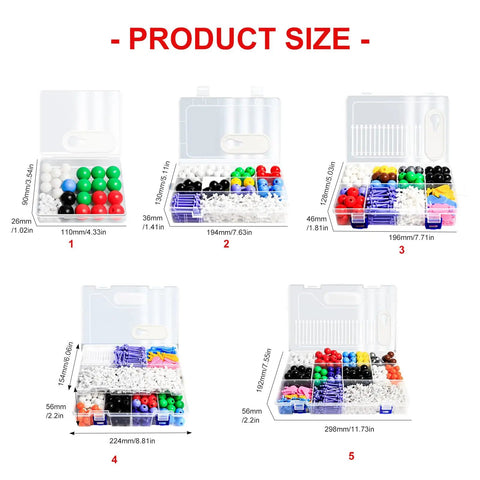 Molecular Model Kit For Organic Chemistry Color Coded Atoms And Bonding Structures Set Teaching Tool For Classrooms And Home Study with open storage boxes showing various sizes.