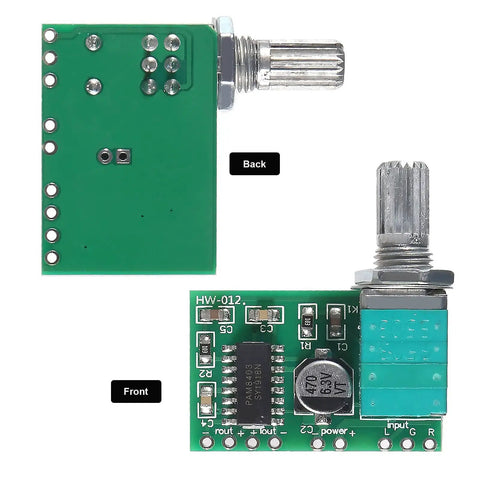 Front and back view of Ten Pack Mini PAM8403 5V Audio Amplifier Board Dual Channel Stereo Power Module With Potentiometer.