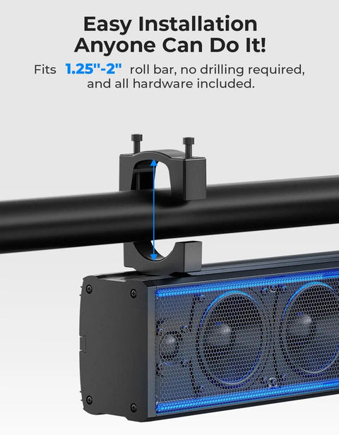 Six Speaker Metal UTV Sound Bar, 25 Inch IP65 Waterproof ATV and Golf Cart Speaker With RGB Lights, mounts on 1.25 to 2 inch roll bar