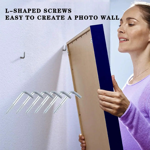 Badass Metal Right Angle Screws L Shaped Zinc Plated Self Tapping Hardware 100 Pack in use for hanging a photo frame.