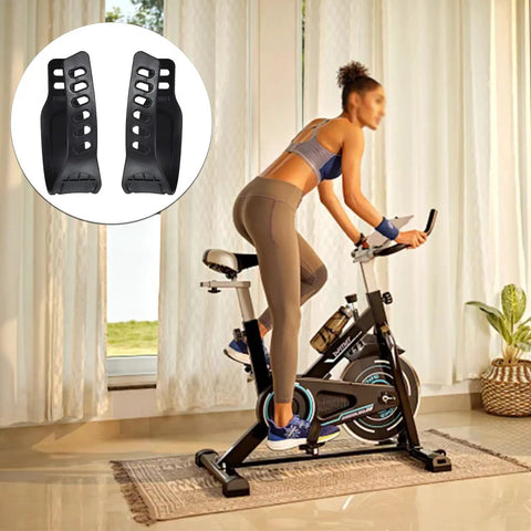 Woman using bike with Adjustable Indoor Bike Pedal Straps Pair With Two Side Slots Universal Replacement Foot Straps for secure pedaling