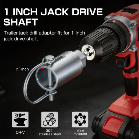 Heavy Duty Trailer Jack Drill Adapter For 1 Inch Drive Shaft shown attached to a power drill, made of 304 stainless steel.