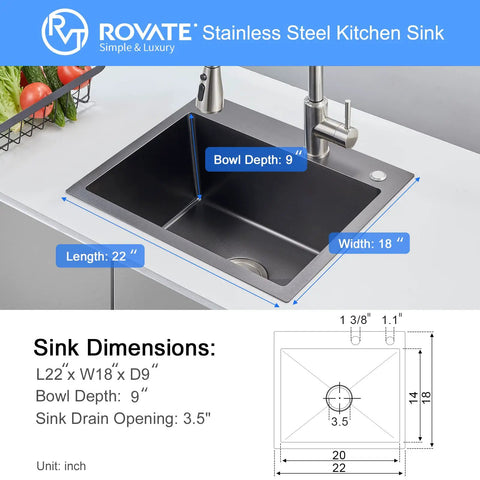 Drop In Topmount Kitchen Sink With Bold Black Nano Titanium Finish, 22 By 18 Inch, Single Bowl, Built From SUS304 Stainless Steel