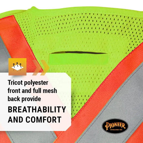 Close-up of Men's High Visibility Tear Away Safety Vest With Full Mesh Back Class Two Reflective Tape showing tricot polyester material.