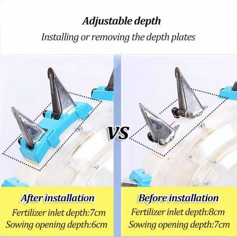 Comparative view of depth plates on Walk Behind Single Wheel Seed Planter With Large Capacity Seed And Fertilizer Box, adjustable nozzles.