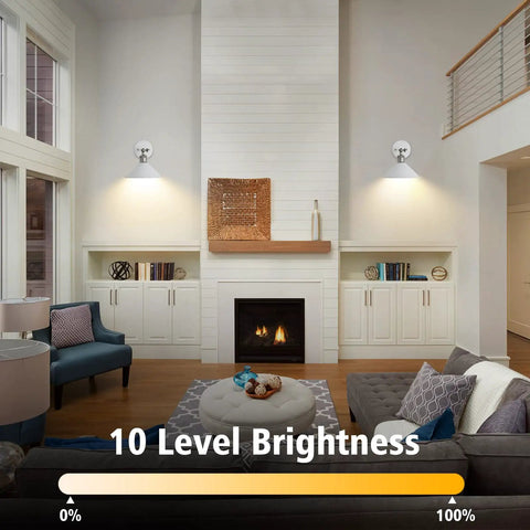 Set Of Two Battery Operated Wall Sconces With Remote Control illuminating a modern living room, wireless lighting above fireplace.