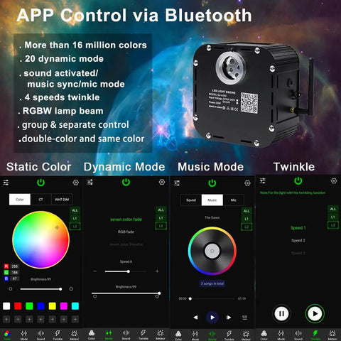 50W Dope Twinkle Fiber Optic Light Source With RGBW LED and Bluetooth remote display showing app controls for color modes