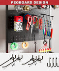 Pegboard on Fishing Rod Holder Rack With Wheels For Garage Storage And Organization, showing various hooks and fishing gear.