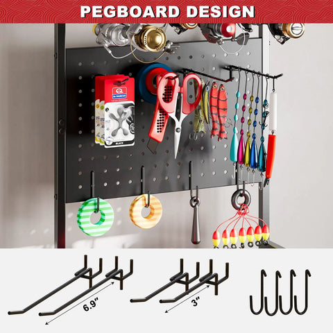 Pegboard on Fishing Rod Holder Rack With Wheels For Garage Storage And Organization, showing various hooks and fishing gear.