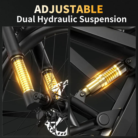 Adjustable dual hydraulic suspension close-up on All-Terrain Electric Dirt Bike For Adults With 1536Wh Battery And 32Ah.