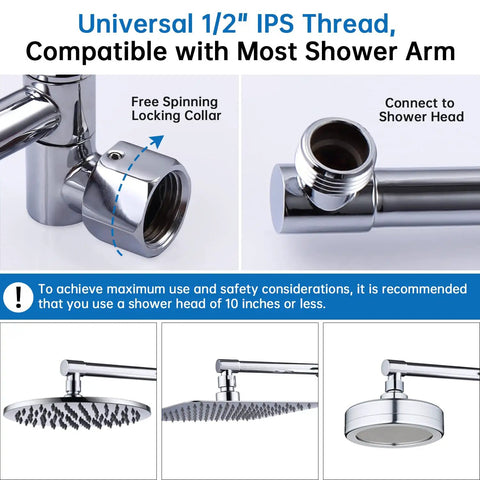 13 Inch Shower Head Extension Arm With Solid Brass Construction, Height And Angle Adjustable Rise Or Lower Rainfall, Chrome Finish