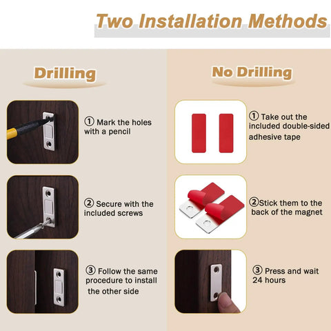 Installation instructions for Ultra Thin Magnetic Cabinet Door Catch 6 Pack With Adhesive No Drill Latch, drilling and no drilling methods.
