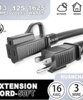 Close-up of the Indoor Outdoor 50 Ft Waterproof Extension Cord With 16/3 Gauge SJTW, Heavy Duty 13A 1625W 3 Prong NEMA 5-15P/R.