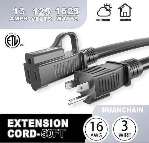 Close-up of the Indoor Outdoor 50 Ft Waterproof Extension Cord With 16/3 Gauge SJTW, Heavy Duty 13A 1625W 3 Prong NEMA 5-15P/R.