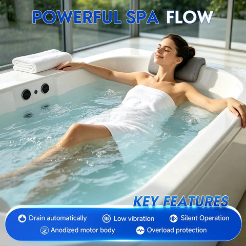 Woman enjoying bath in hot tub with Heavy Duty 1.0 HP Spa Pump With Kickin Jet Pressure And Smooth High Flow Operation For Hot Tubs Whirlpool Baths 110V 60Hz 750W Motor Replacement 1.5 Inch Port Solid Gear That Crushes The Grind.