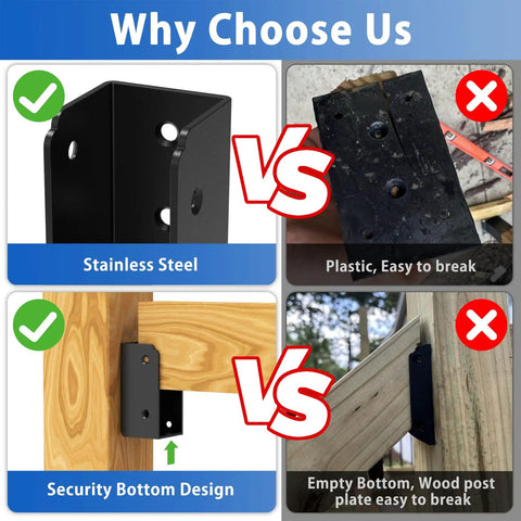 Comparison image of 12 Pack 2x4 Stainless Steel Deck Railing Brackets Connectors For Stair Fence Rails And Wood Posts showing durability.