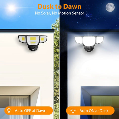Heavy Duty 90W LED Security Flood Light With Dang Bright 10000 Lumen Coverage And Four Adjustable Heads Featuring Dusk To Dawn Sensor IP65 Weatherproof Outdoor Spotlight For Backyard Gate And Porch Installations In Black