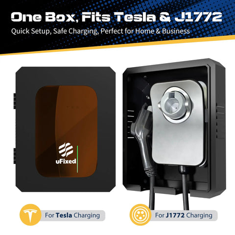 Lockable Outdoor EV Charger Enclosure With Heavy Duty Metal Wall Case For Tesla Connector And ChargePoint Unit secure fit with clear window.
