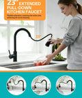 Slick Matte Black Kitchen Faucet With Pull Down Spray And Smooth Single Handle Control Built Like A Brick House With Solid 304 Stainless Steel Absolutely No Sweat Leak Proof Performance Everywhere, 23-inch extension, in sink with tomatoes.